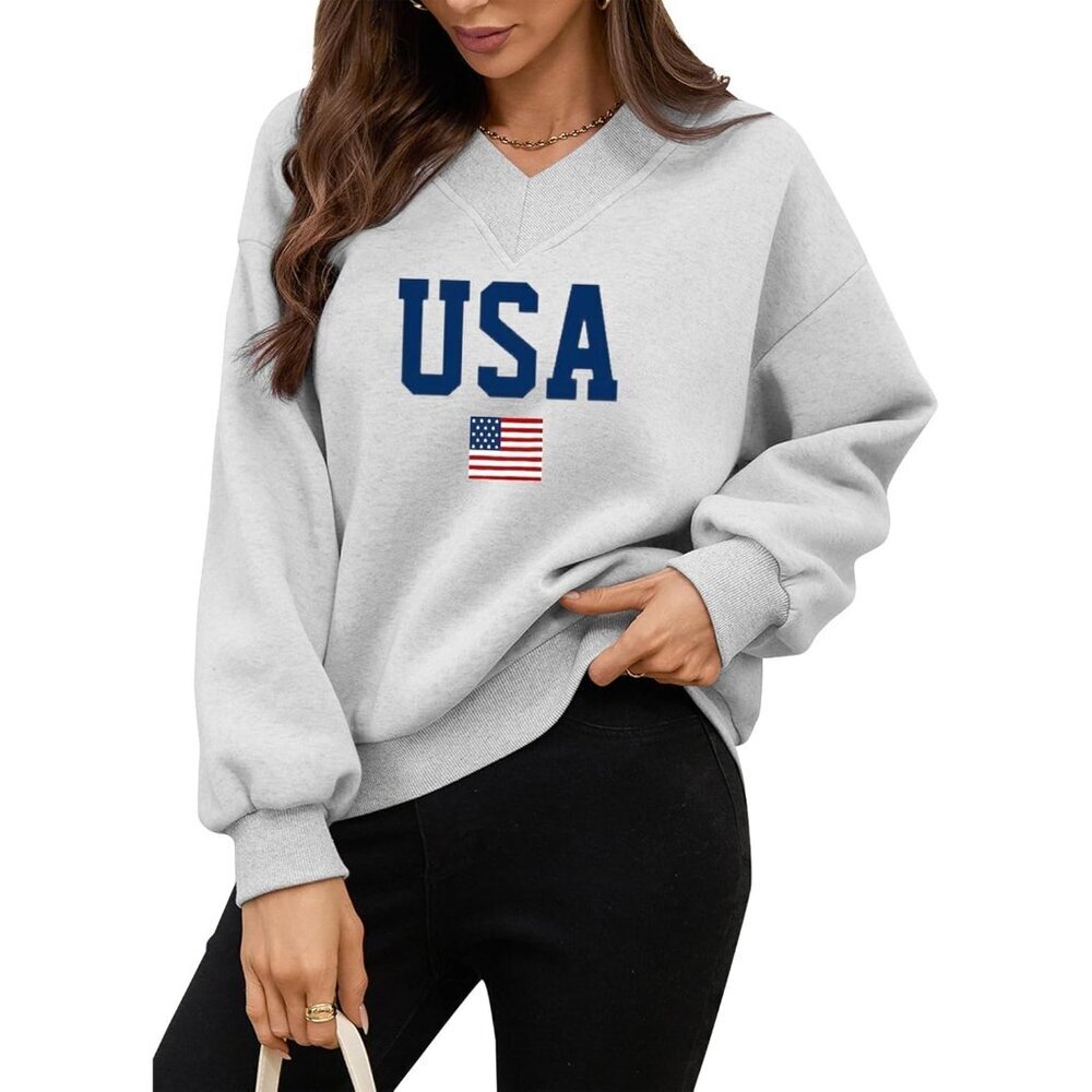 Women Graphic V Neck Sweatshirt Large USA Flag Long Sleeve Pullover - Picture 5 of 7